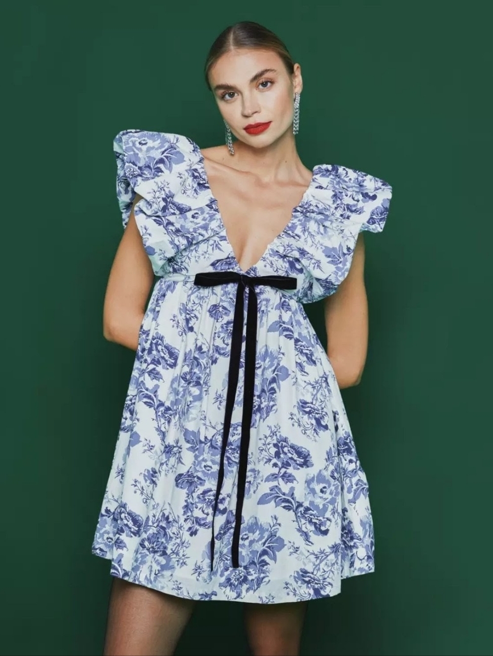 O.P.T. Didi Blue Floral Ruffle V-Neck Mini Dress